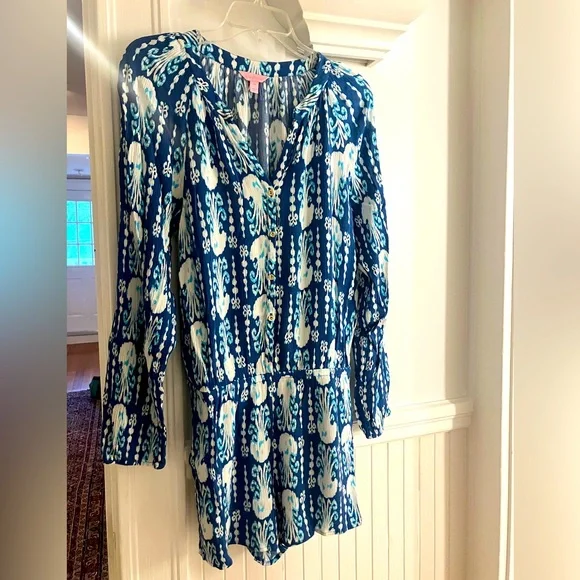 Lilly Pulitzer ELSA ROMPER Indigo Get in Line Blue White Gauze, Medium - Picture 1 of 11